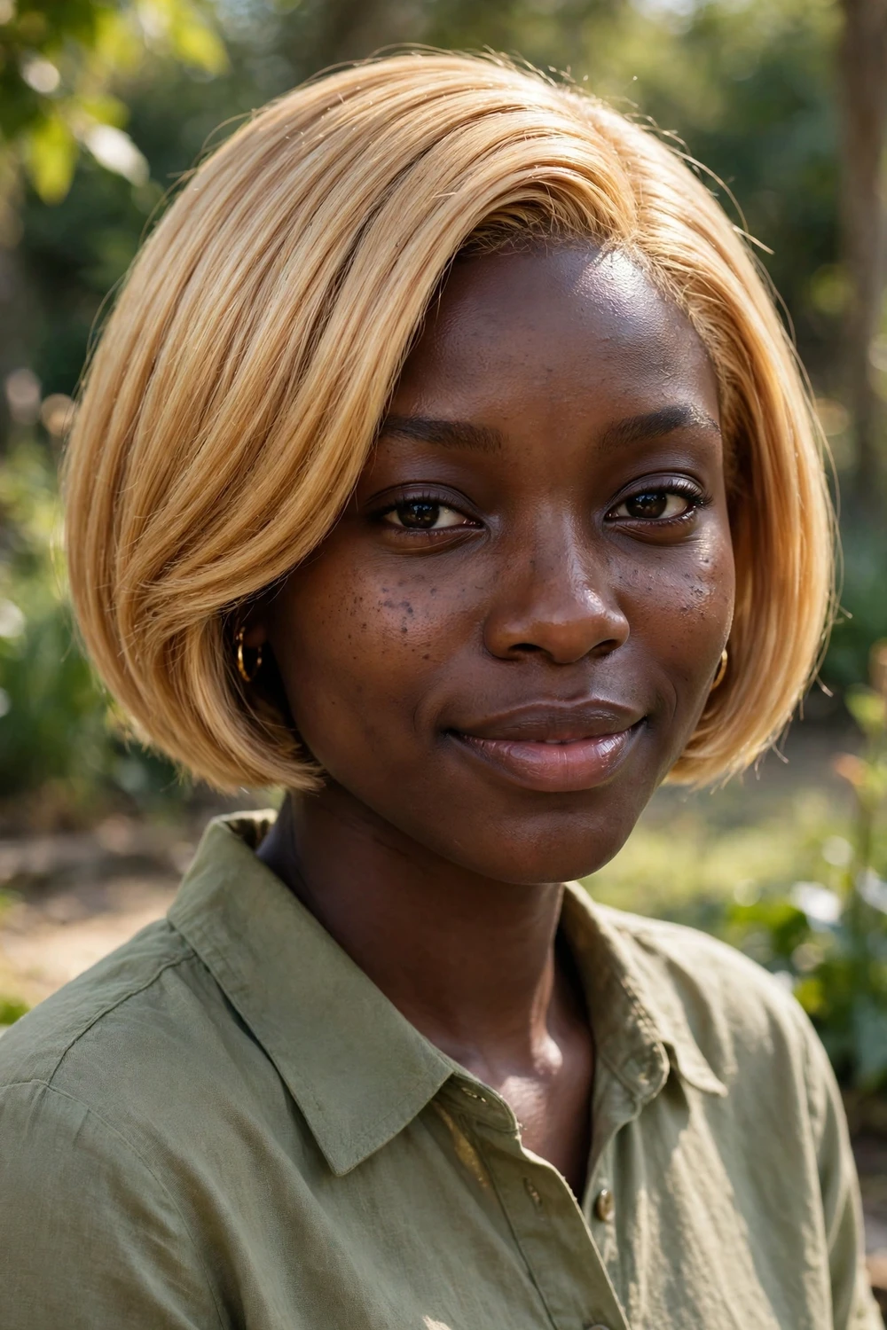 Woman with a warm sleek short blonde bob, golden tones and glossy smooth finish