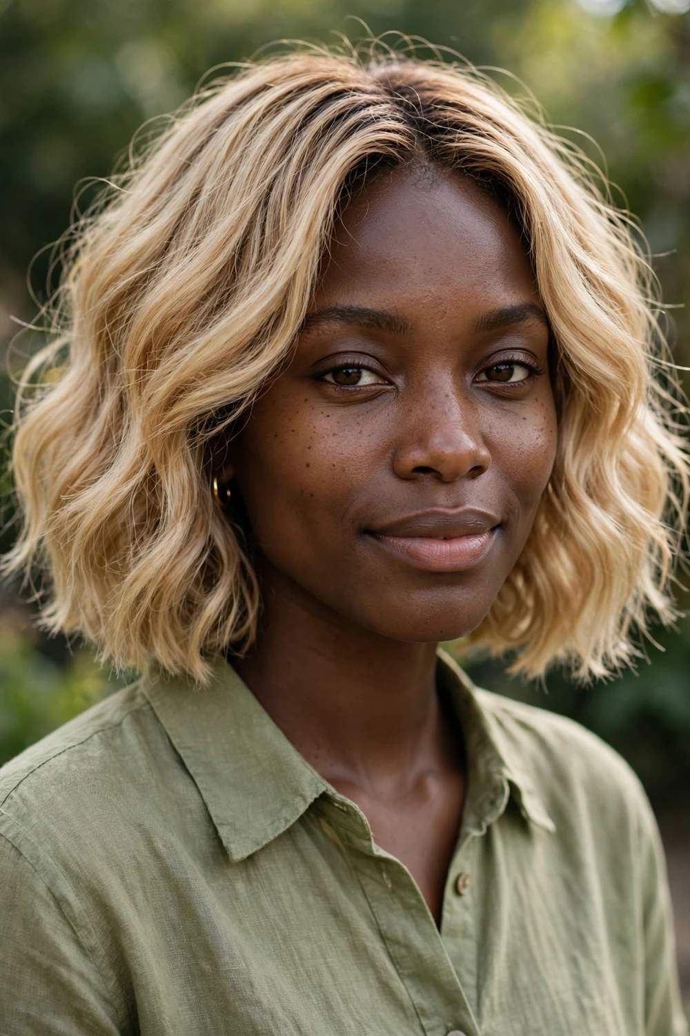 Woman with a wavy blonde bob, soft bends and natural-looking waves