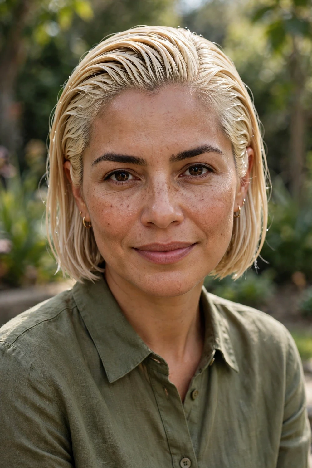Woman with a wet-look blonde bob, glossy slicked-back evening style