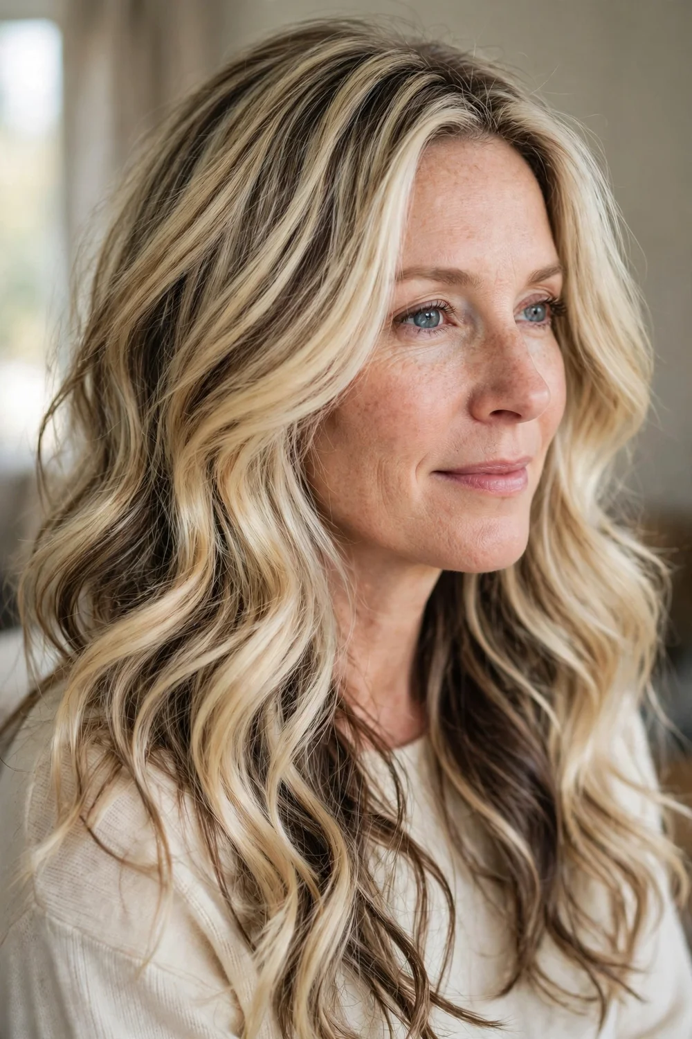 Woman with blonde bombshell balayage and darker lowlights