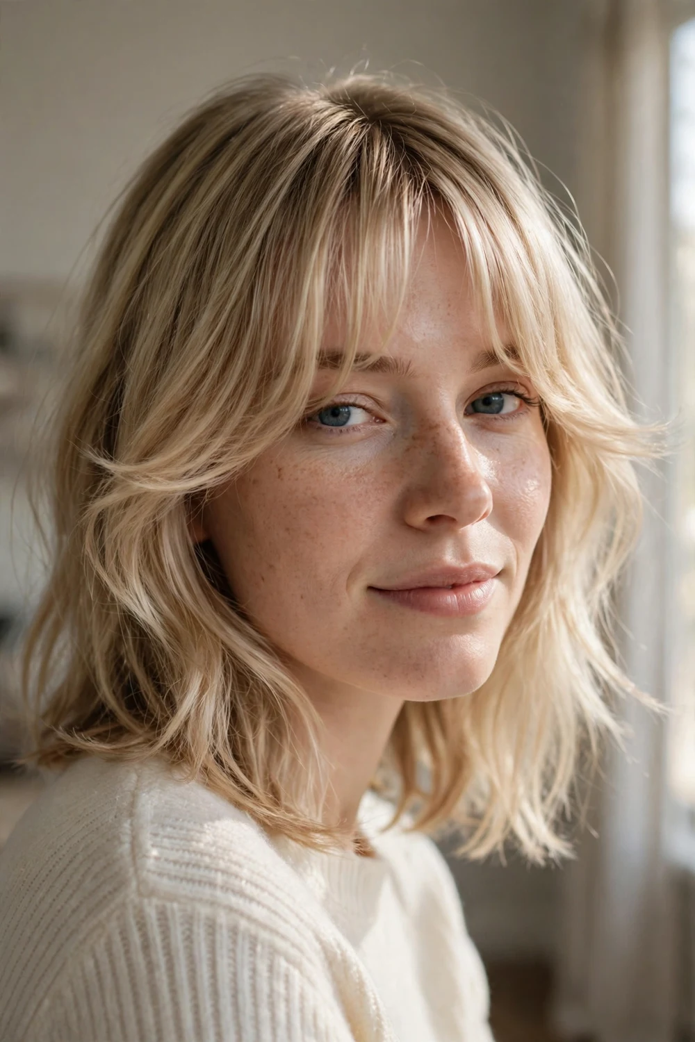 Woman with blonde bottleneck lob and feathered fringe