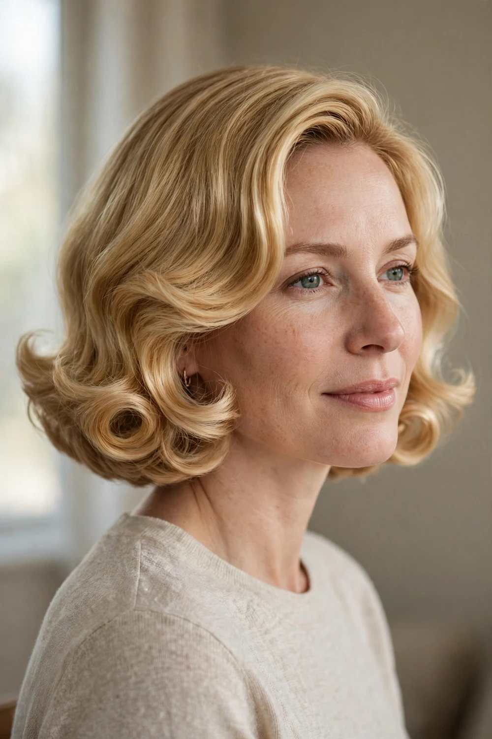 Woman with golden blonde bob in a curled blowout style