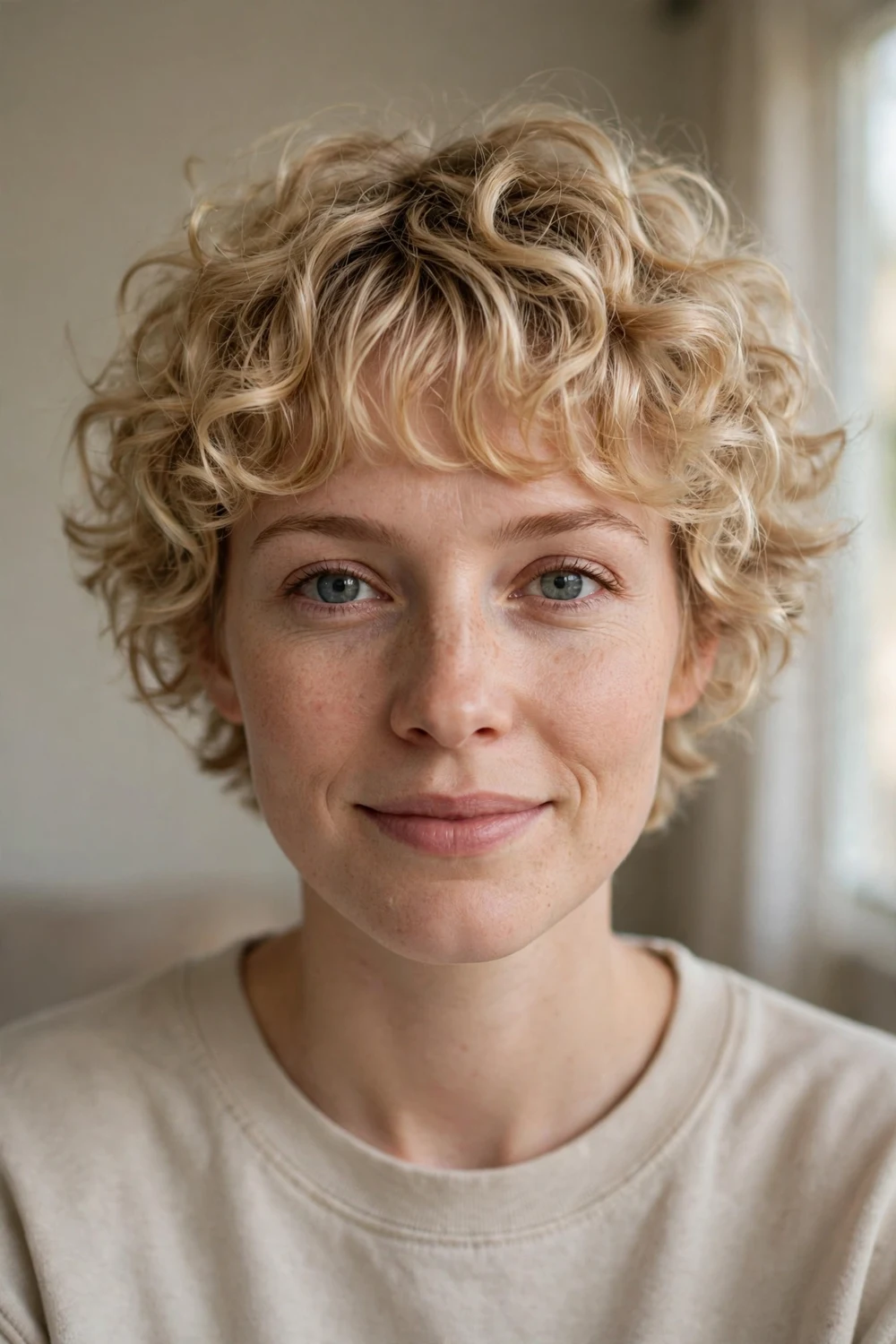 Blonde curly pixie with bangs, playful tousled curls