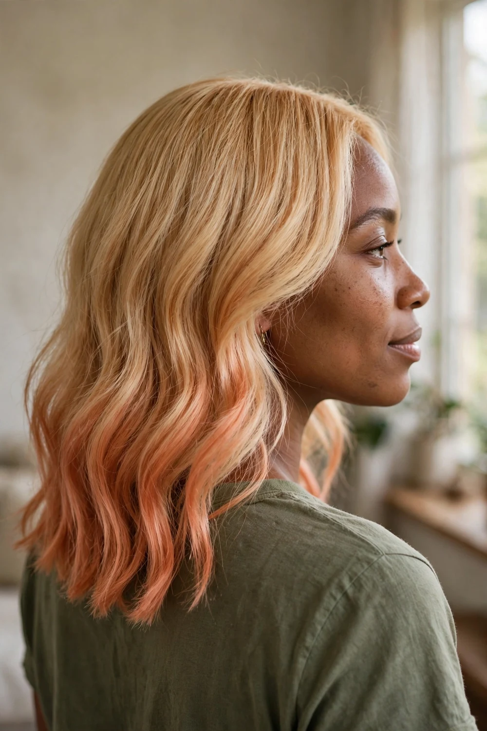 Blonde hair fading into soft peach-copper colored tips like a sunset