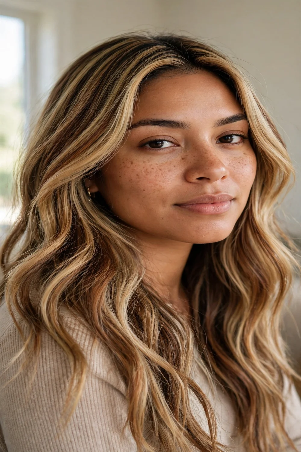Blonde hair with lived-in caramel lowlights