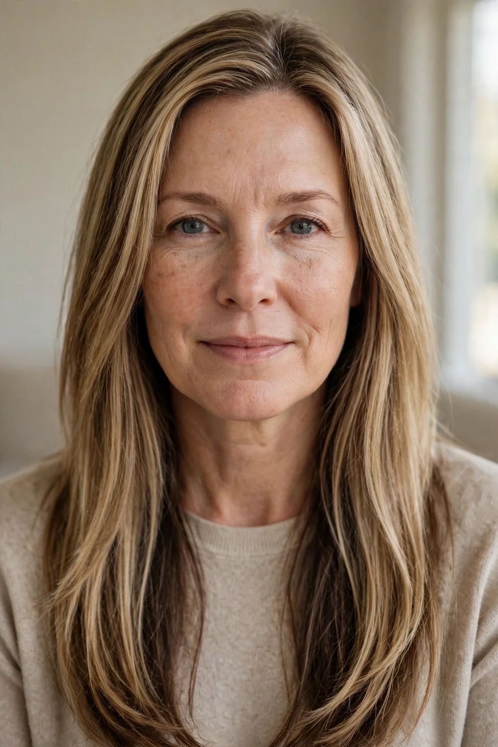 Sandy blonde hair with deep walnut lowlights