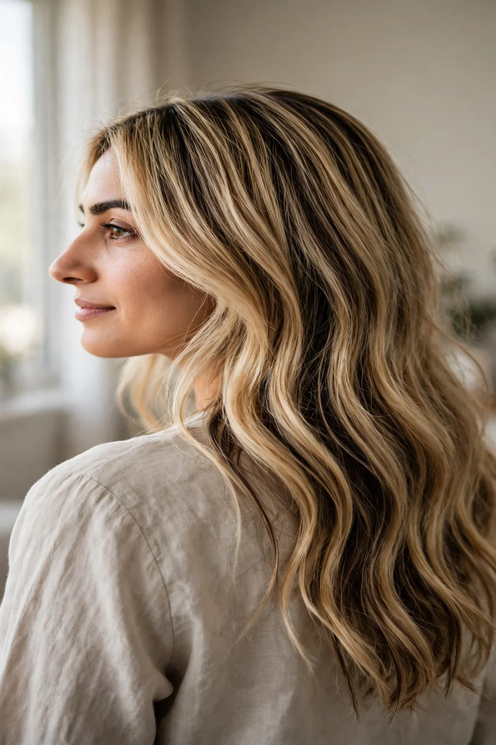 Golden wheat blonde hair with espresso lowlights