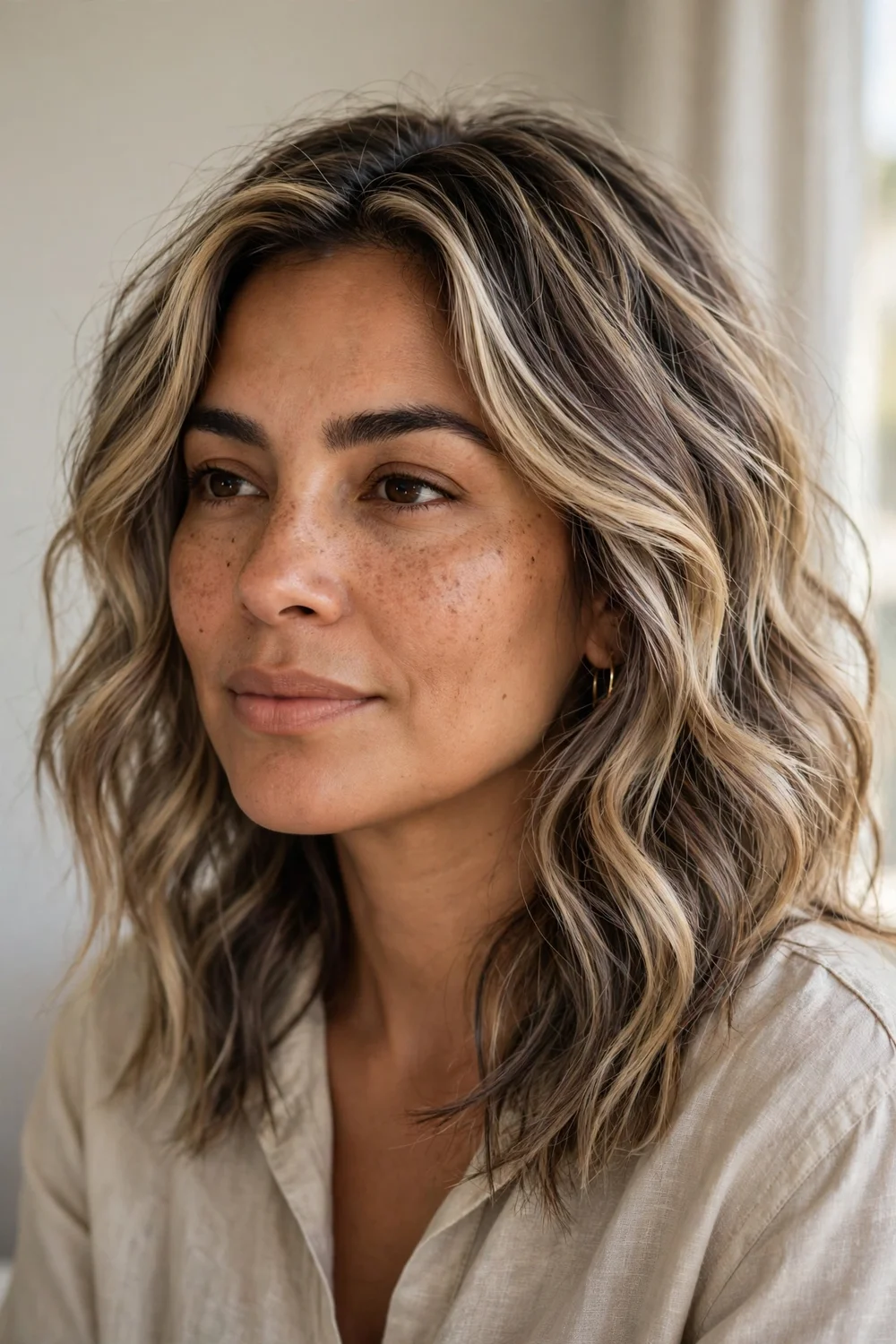Sun-kissed blonde hair with mushroom brown lowlights