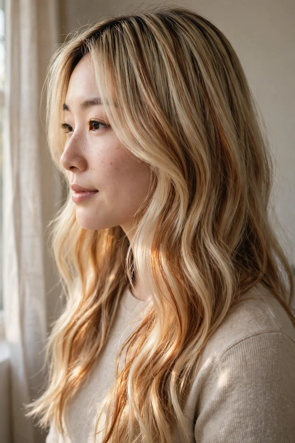 Butter blonde hair with amber lowlights