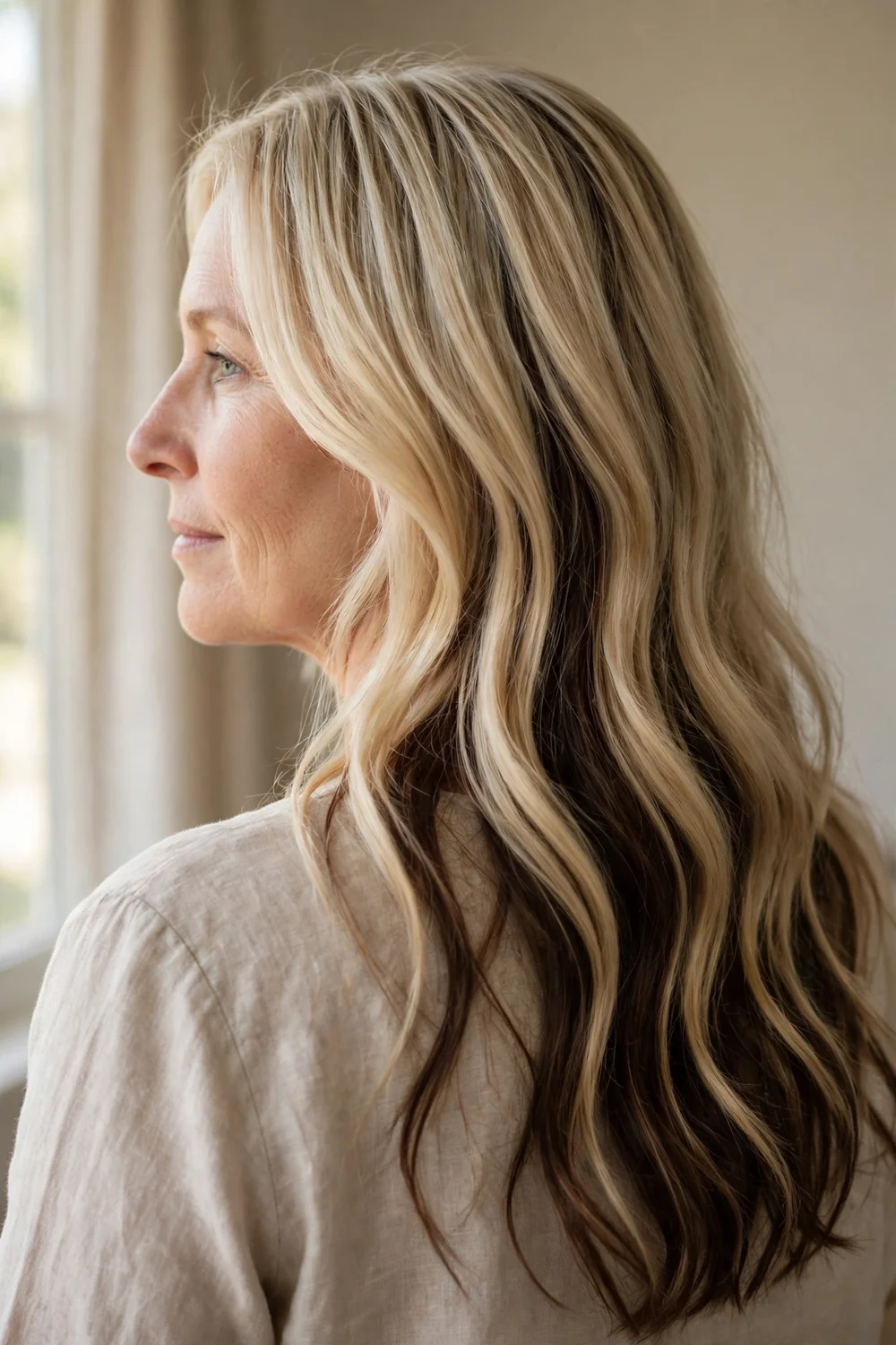 Vanilla bean blonde hair with sable lowlights