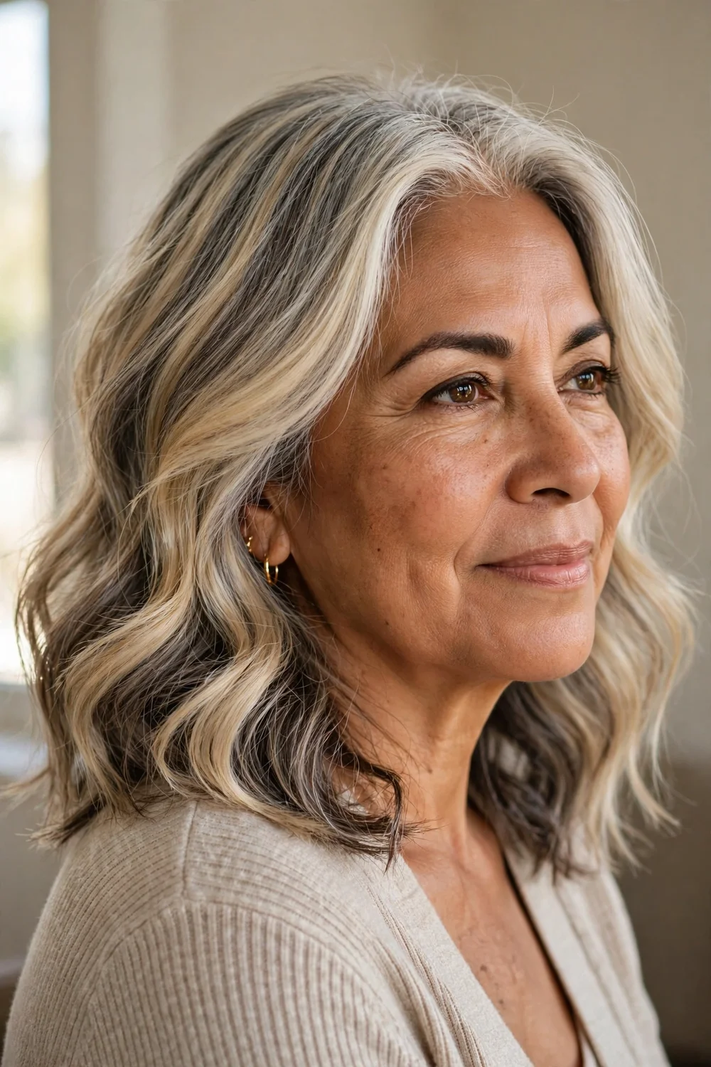 Pearl blonde hair with slate gray lowlights