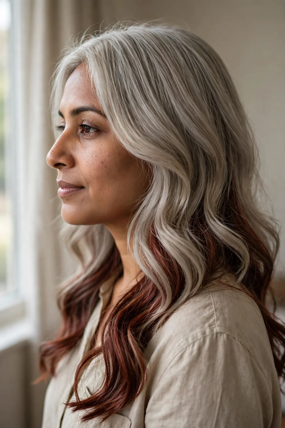 Ash blonde hair with mahogany lowlights