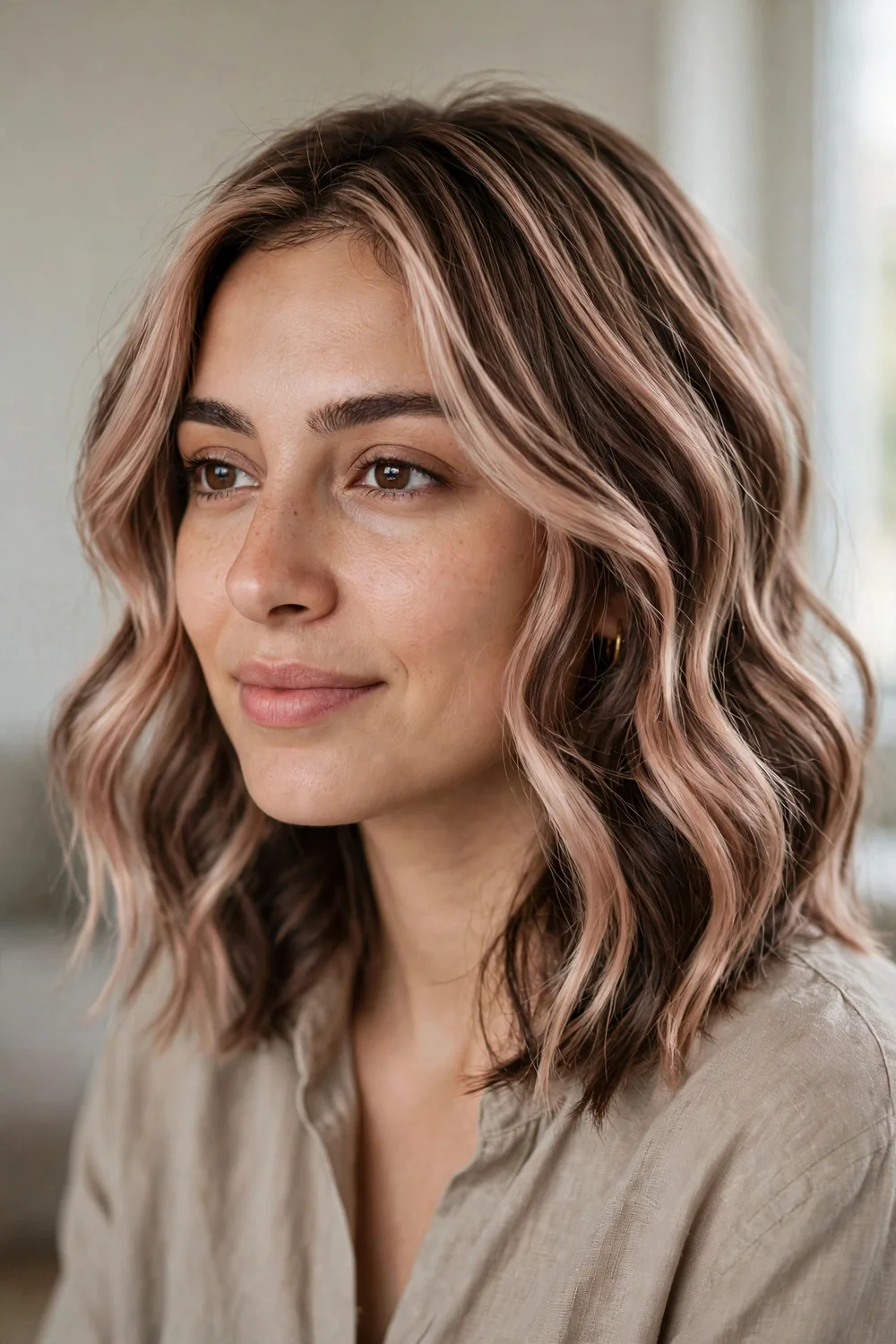 Rose gold blonde hair with chocolate lowlights