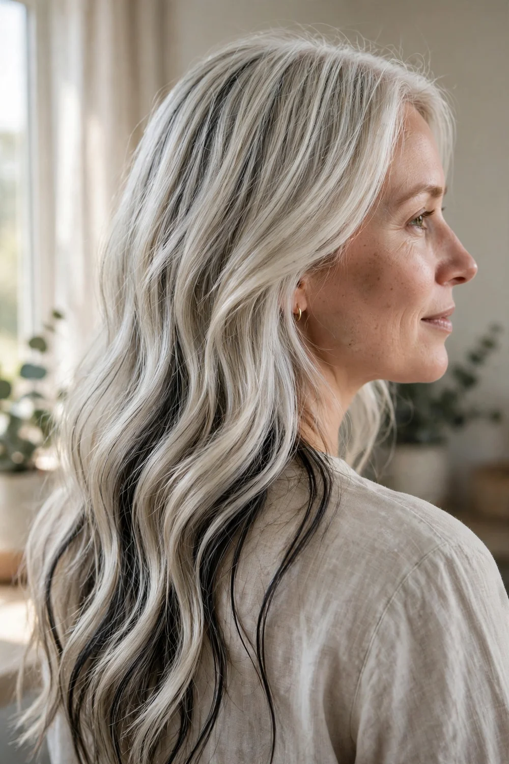 Silver blonde hair with jet black lowlights