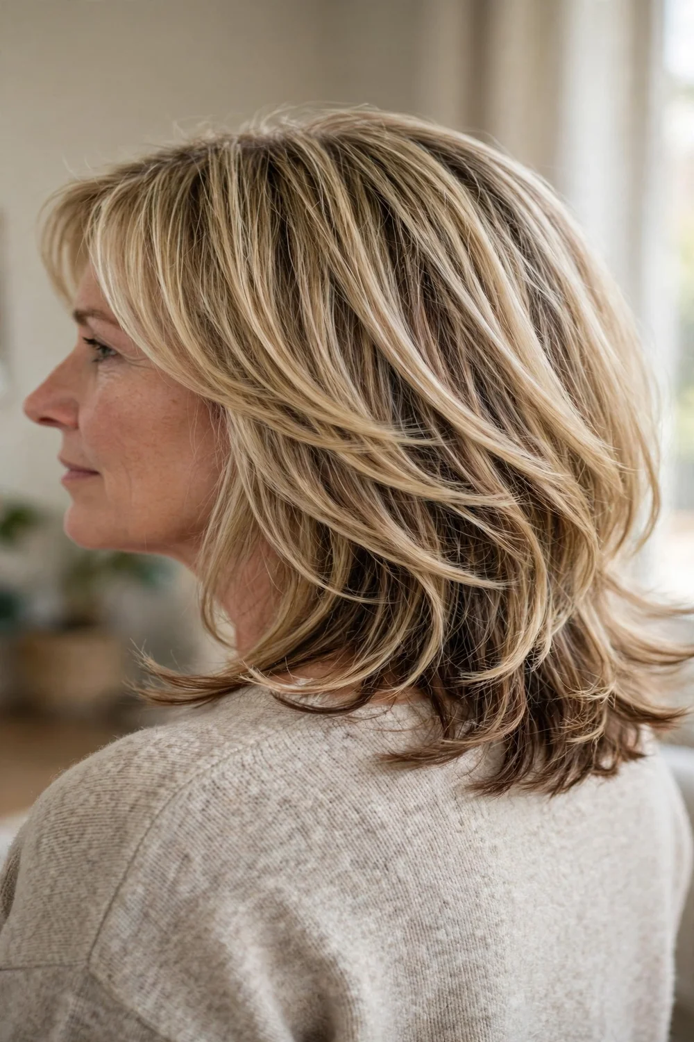 Blonde layered hair with soft lowlights