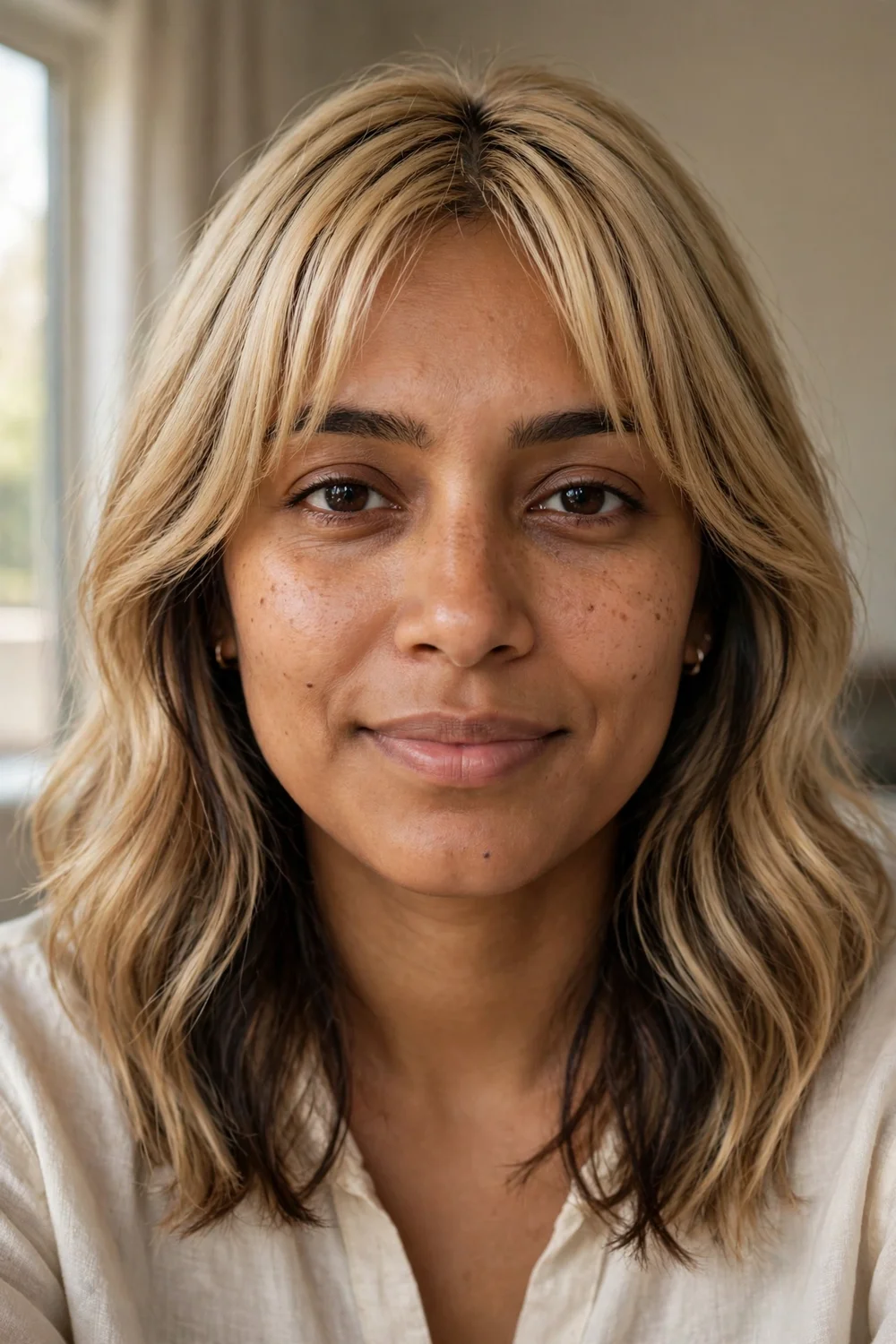 Blonde hair with curtain bangs and lowlights