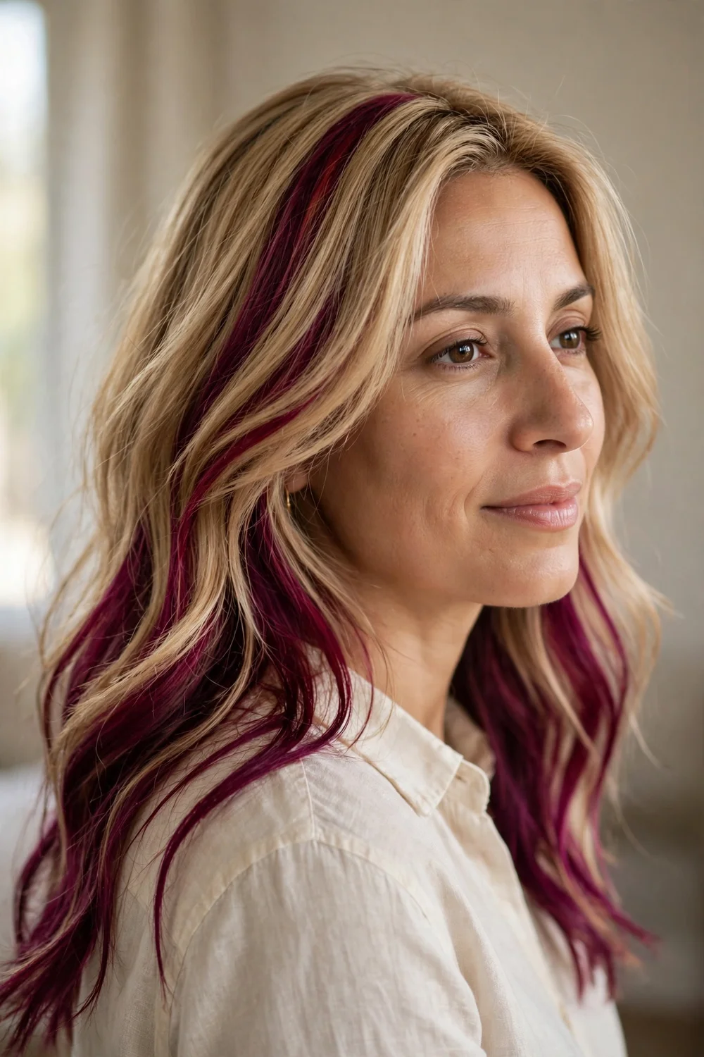 Blonde hair with burgundy lowlights