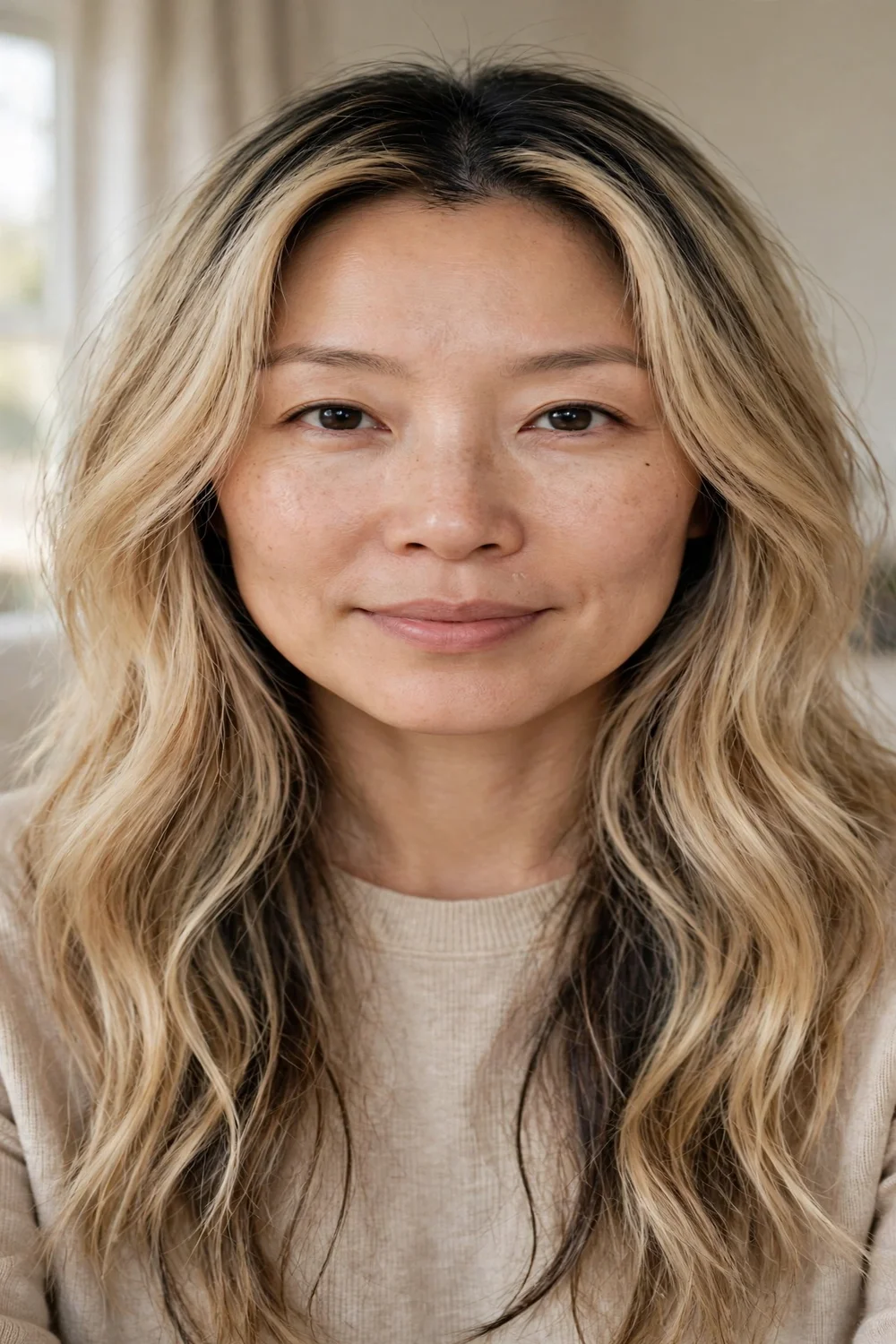 Blonde hair with root smudge and lowlights