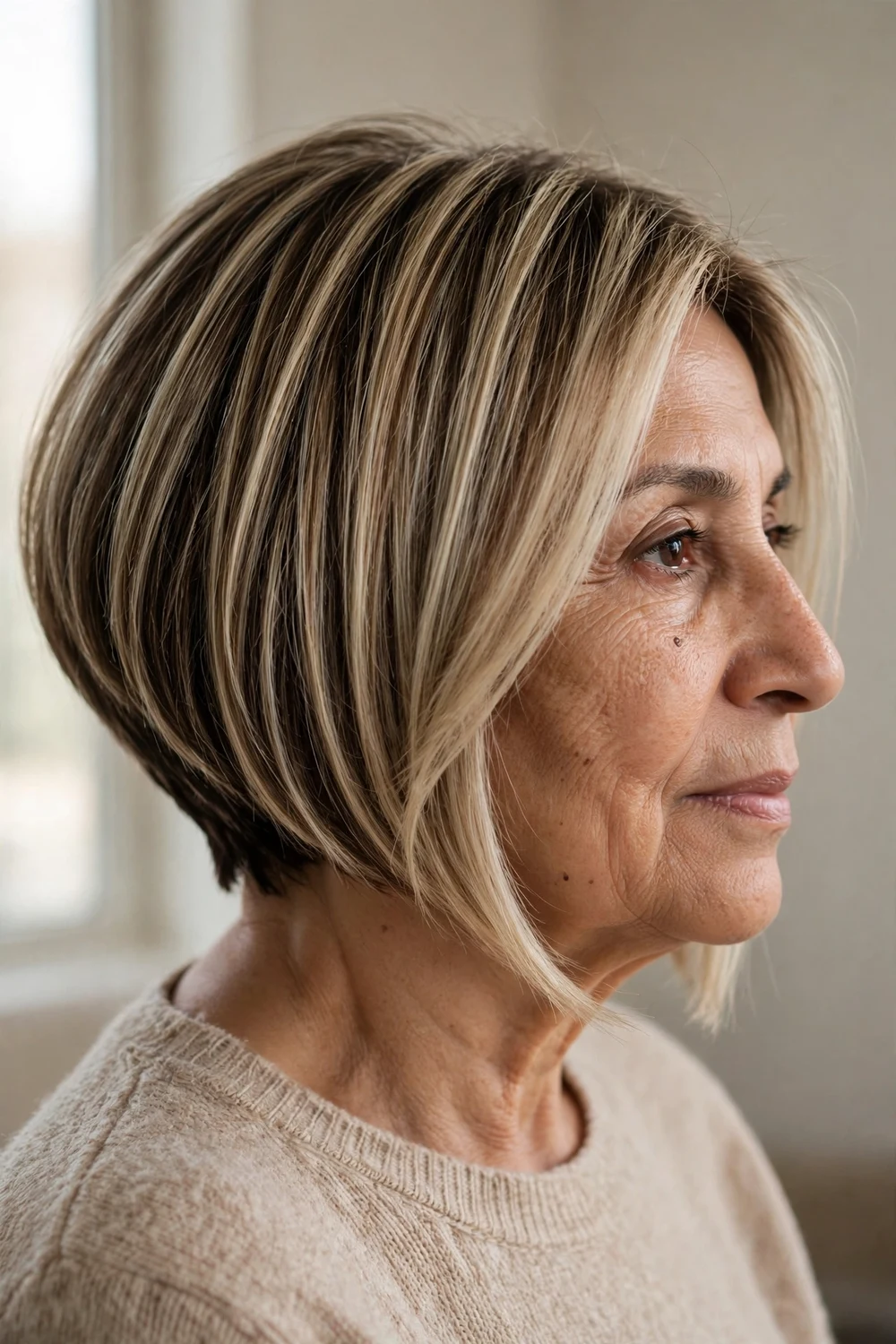 Angled bob with champagne blonde highlights on a woman over 50