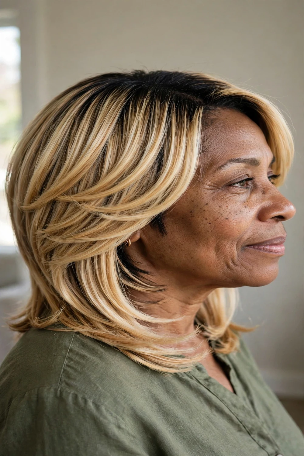 Balayage with undercut layers on a woman over 50