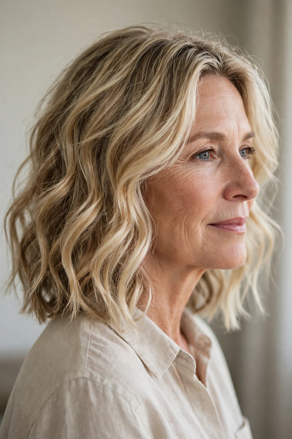 Beachy waves in dirty blonde on a woman over 50
