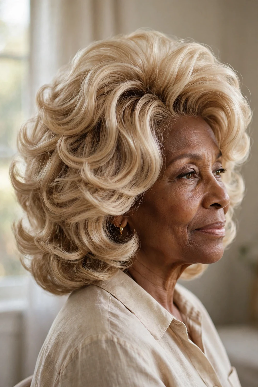 Voluminous blowout layers in champagne blonde on a woman over 50
