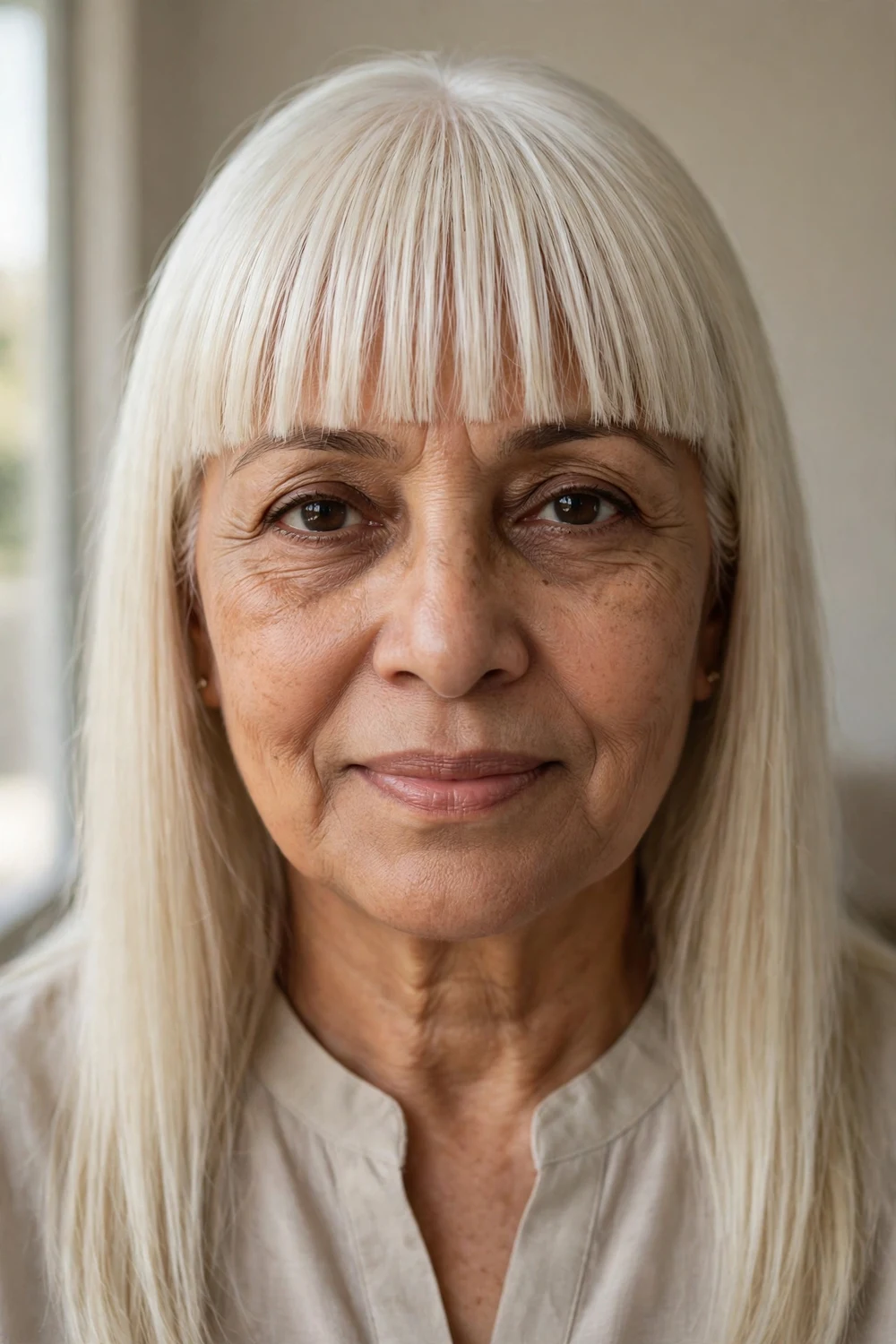 Blunt bangs with platinum blonde on a woman over 50
