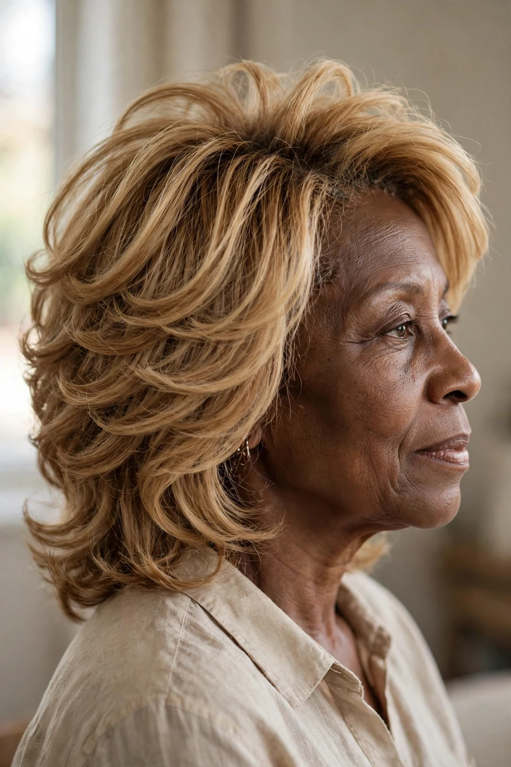 Butterfly layers in honey blonde on a woman over 50