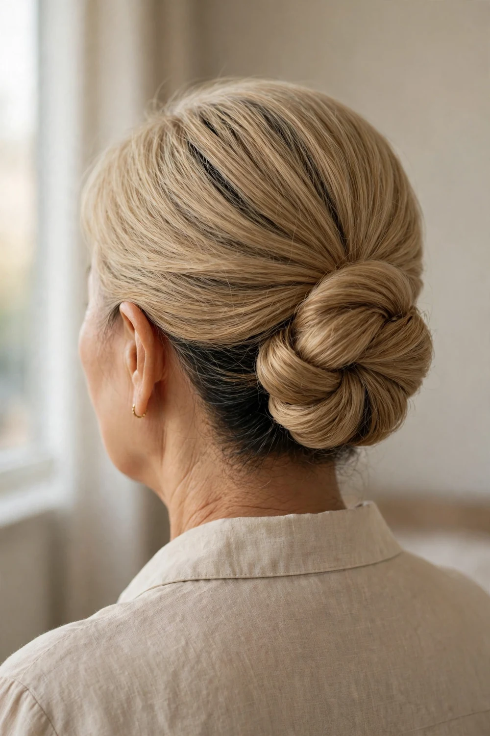 Elegant chignon in sandy blonde on a woman over 50