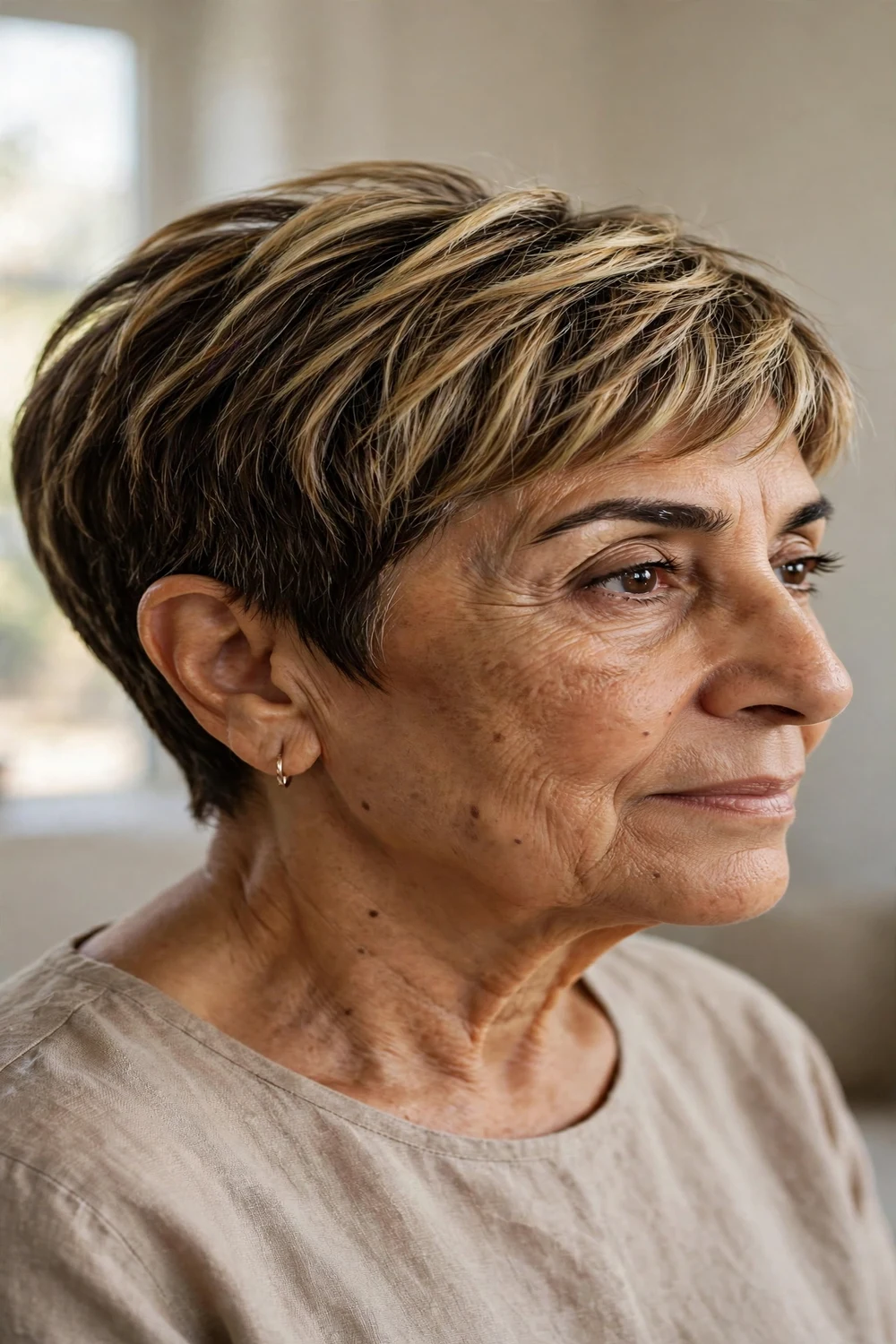 Classic pixie with soft blonde balayage on a woman over 50