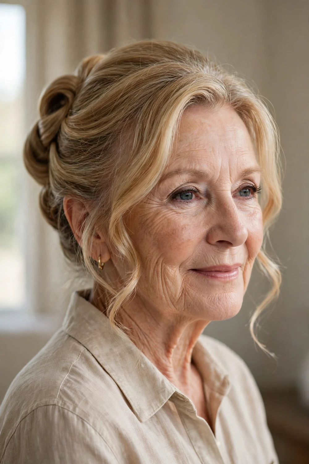Classic updo with face-framing layers on a woman over 50