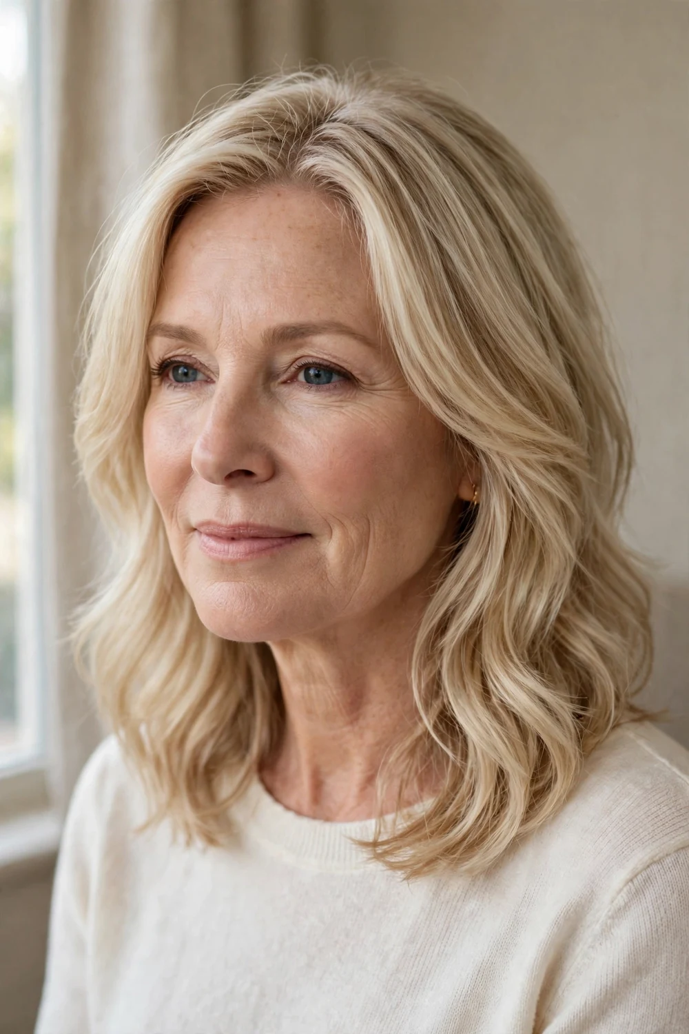 Collarbone cut in vanilla blonde on a woman over 50