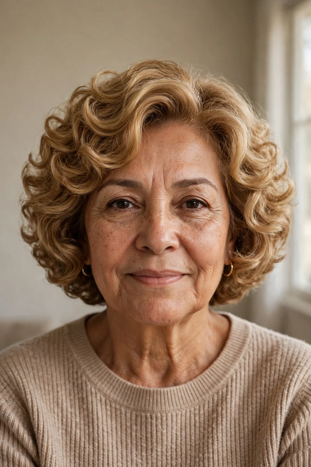 Curly bob in warm blonde on a woman over 50