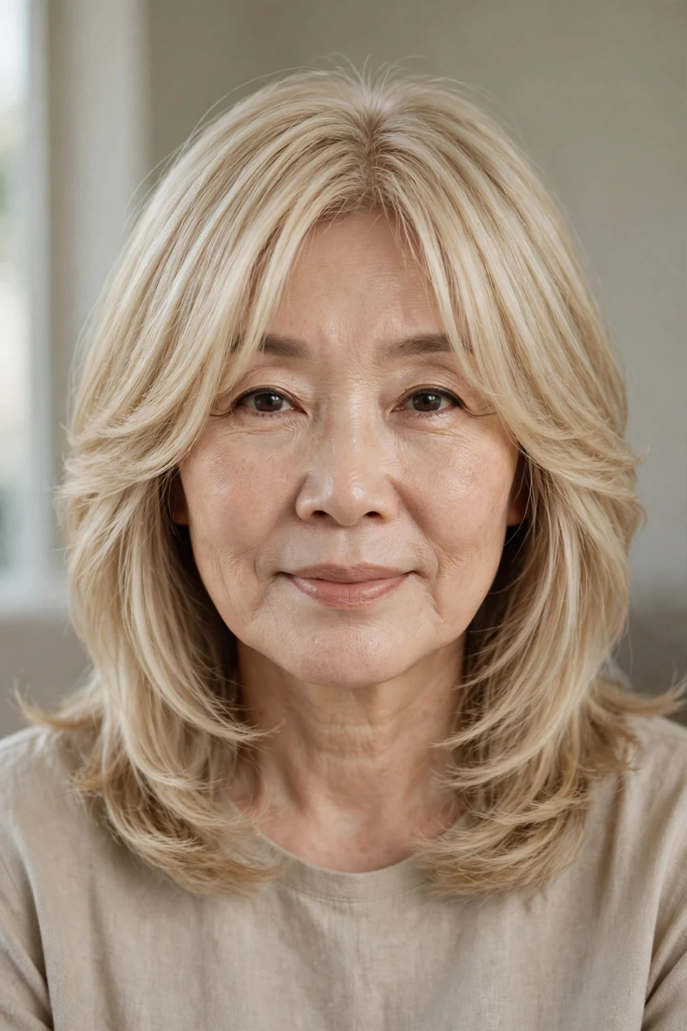 Curtain layers in creamy blonde on a woman over 50