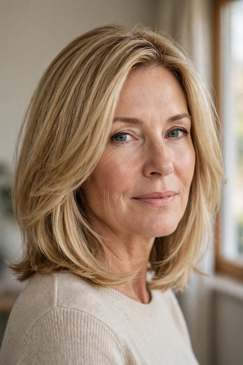 Face-framing lob in golden beige blonde on a woman over 50