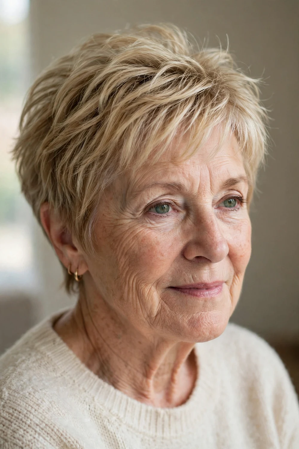 Short feathered crop in sandy blonde on a woman over 50