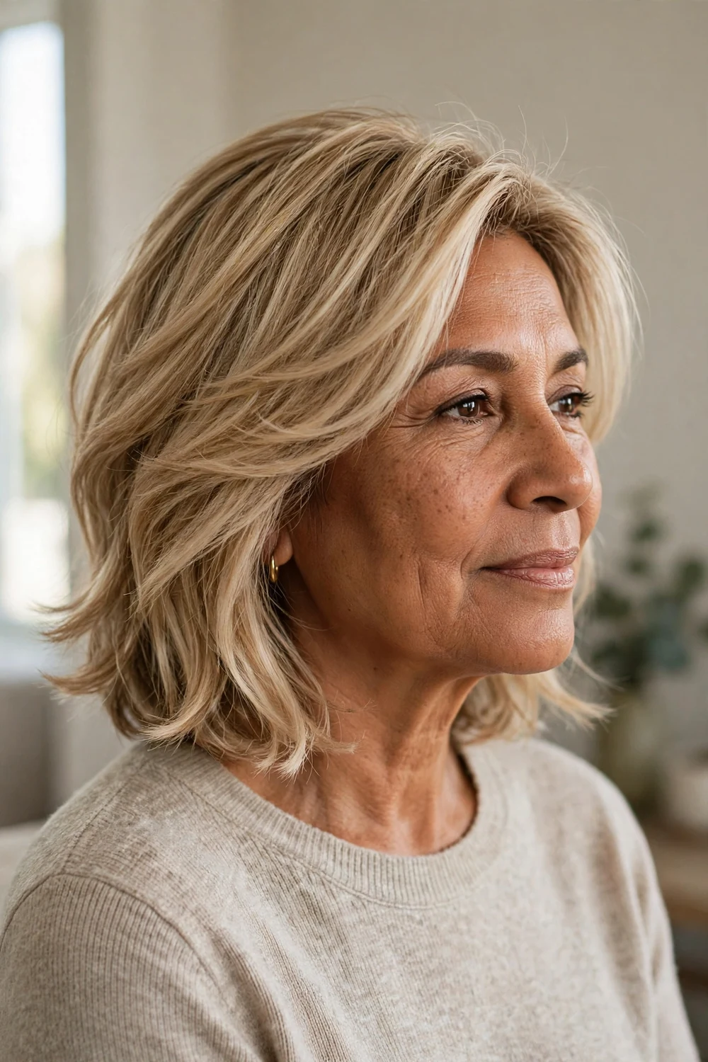 Feathered lob in sandy blonde on a woman over 50