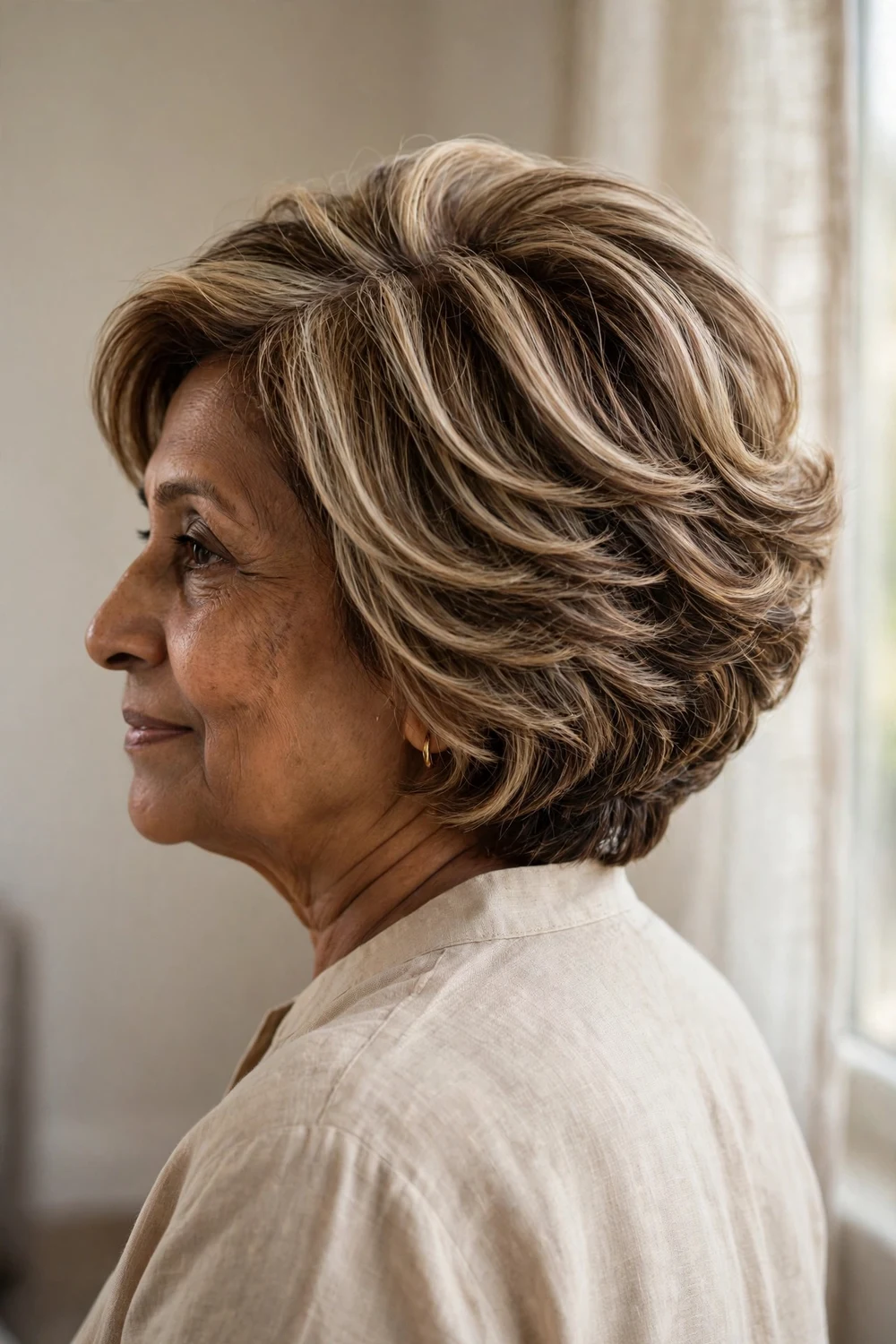 Graduated bob with beige blonde highlights on a woman over 50