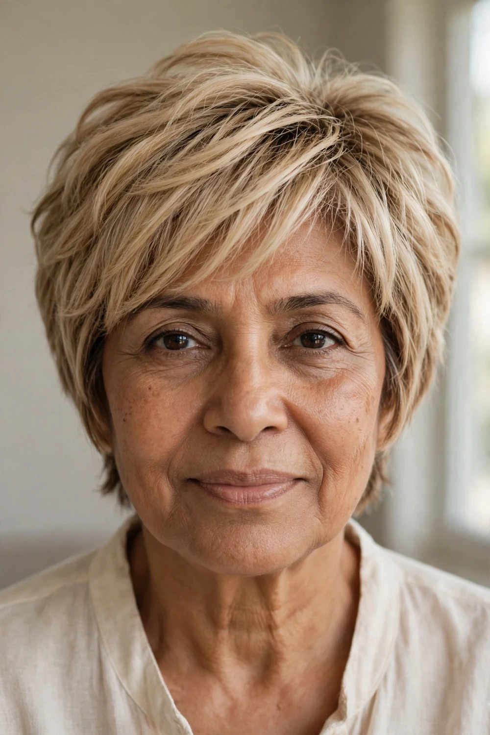 Layered bixie in soft butter blonde on a woman over 50
