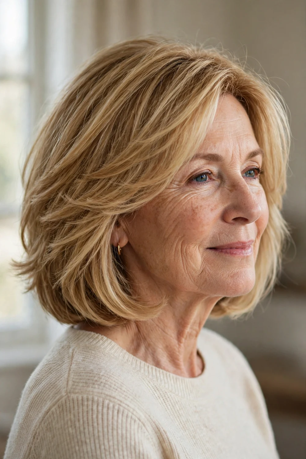 Soft layered bob in warm honey blonde on a woman over 50