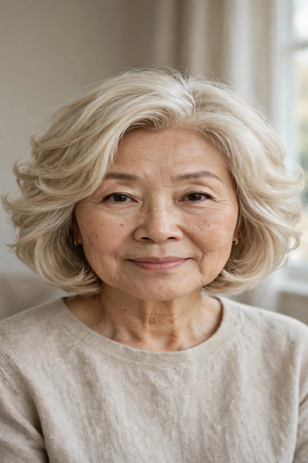 Layered bob in pearl blonde on a woman over 50