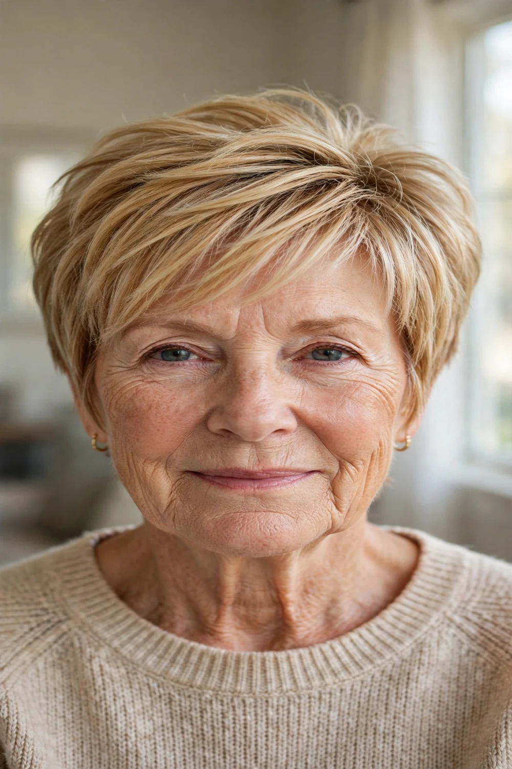 Long pixie with golden blonde highlights on a woman over 50