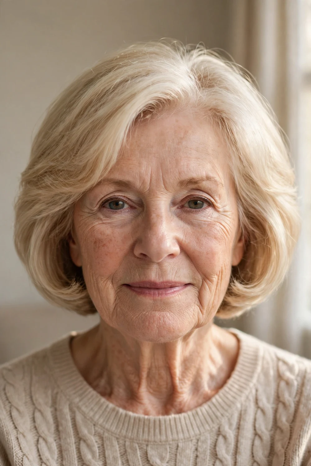 Rounded bob in ivory blonde on a woman over 50