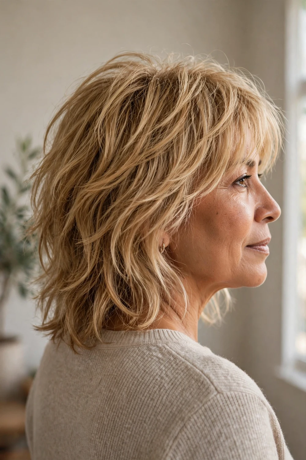 Shoulder-length shag in golden honey blonde on a woman over 50