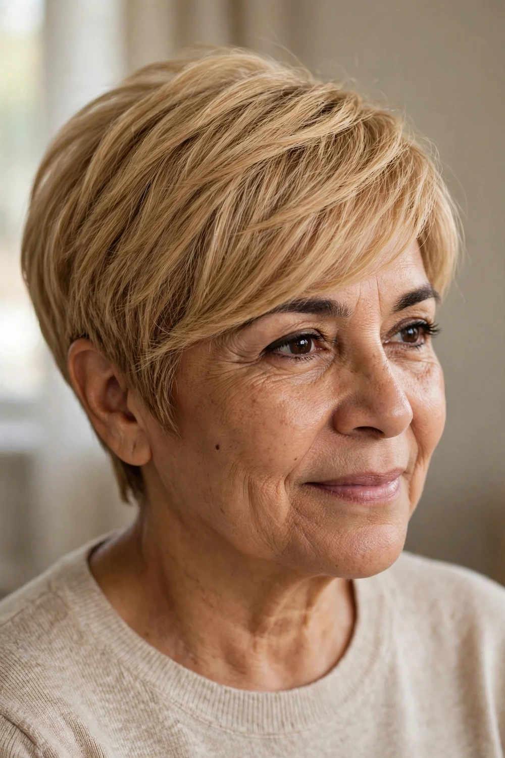 Side-swept pixie in light golden blonde on a woman over 50