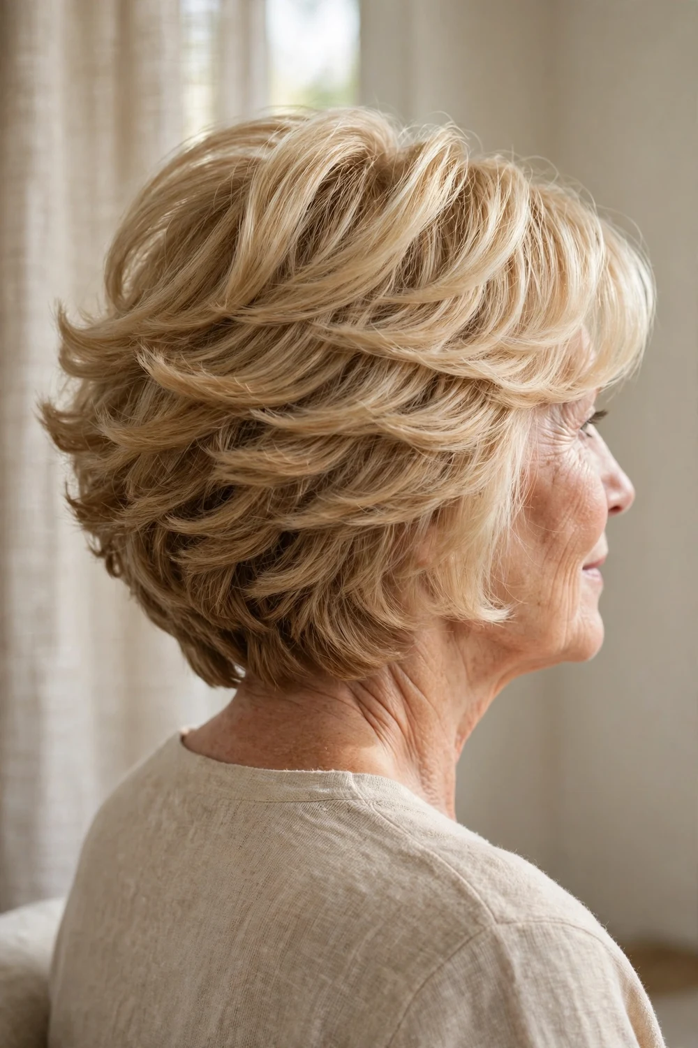 Stacked bob in butter blonde on a woman over 50