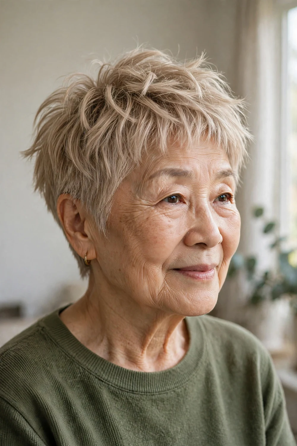 Textured crop in light ash blonde on a woman over 50