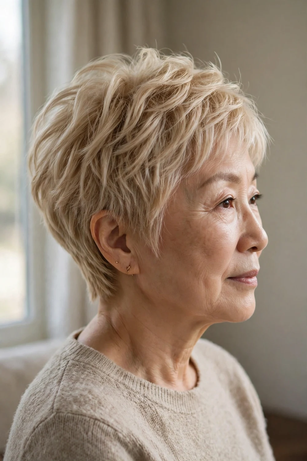 Textured pixie in champagne blonde on a woman over 50