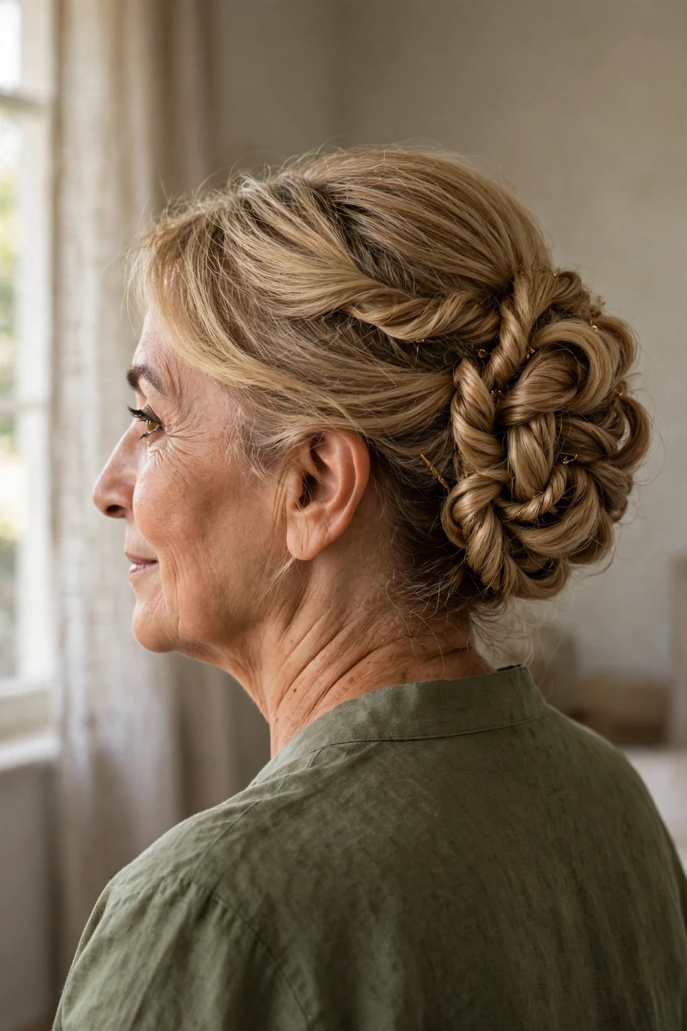 Twisted blonde updo on a woman over 50