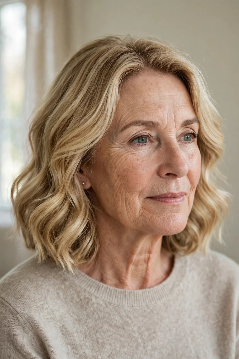 Wavy lob in wheat blonde on a woman over 50